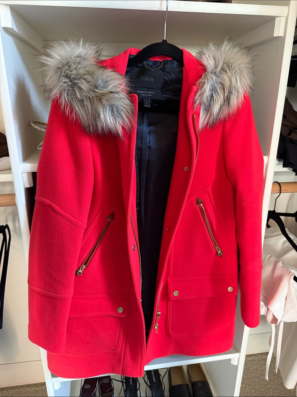 J. Crew Red Wool-Blend Hooded Pea Coat with Faux Fur Trim